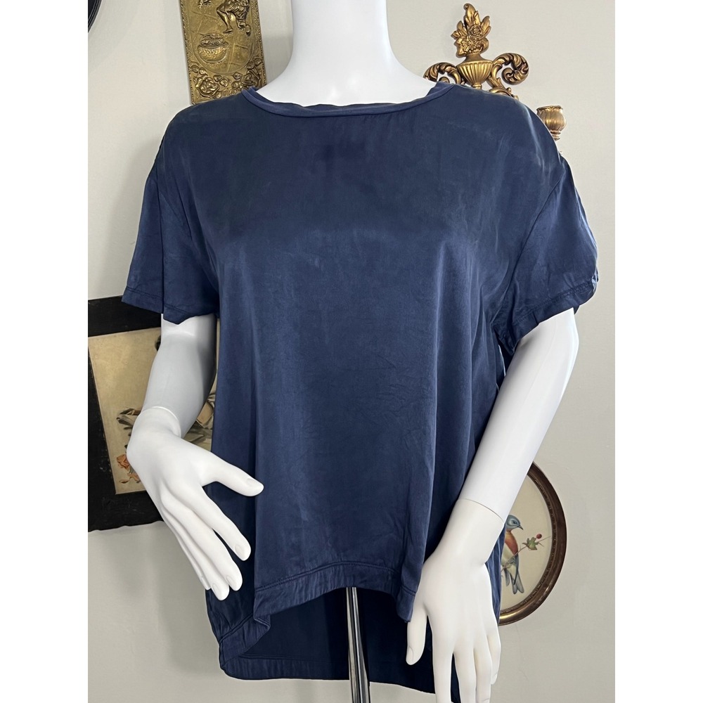 Quince Navy Blue 100% Washable Silk Short Sleeve Crewneck Tee Top Size M